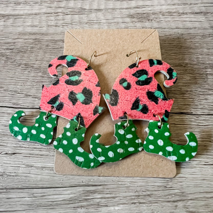 Animal Print Genuine Leather Christmas Elf Earrings