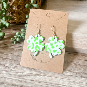 Neon Green Raised Leopard Shamrock Earrings