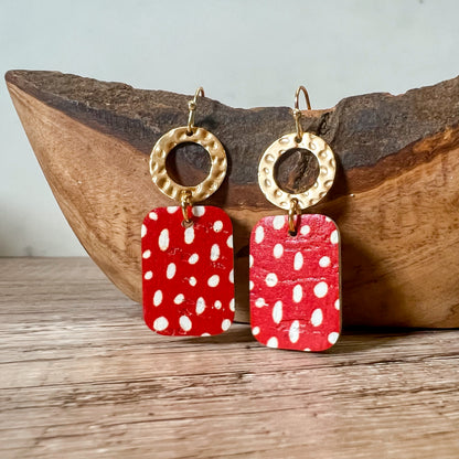Red Doodle Dot Hammered Hoop Earrings