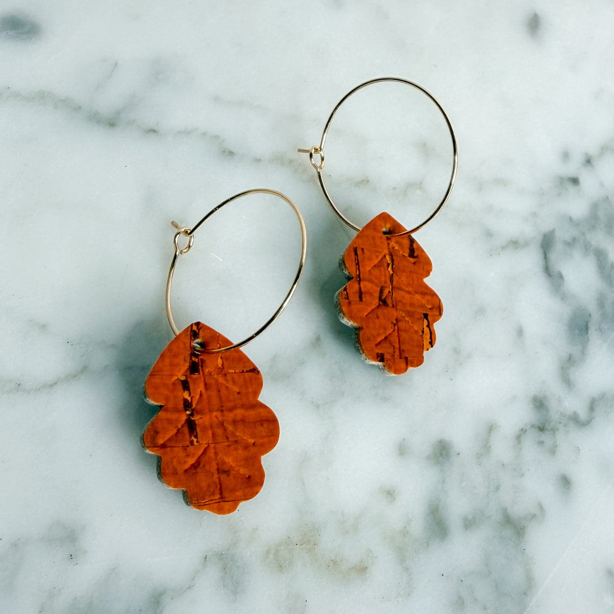 Fall Oak Leaf Cork Hoop Earrings | Lightweight Autumn Earrings
