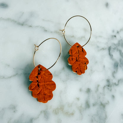 Fall Oak Leaf Cork Hoop Earrings | Lightweight Autumn Earrings