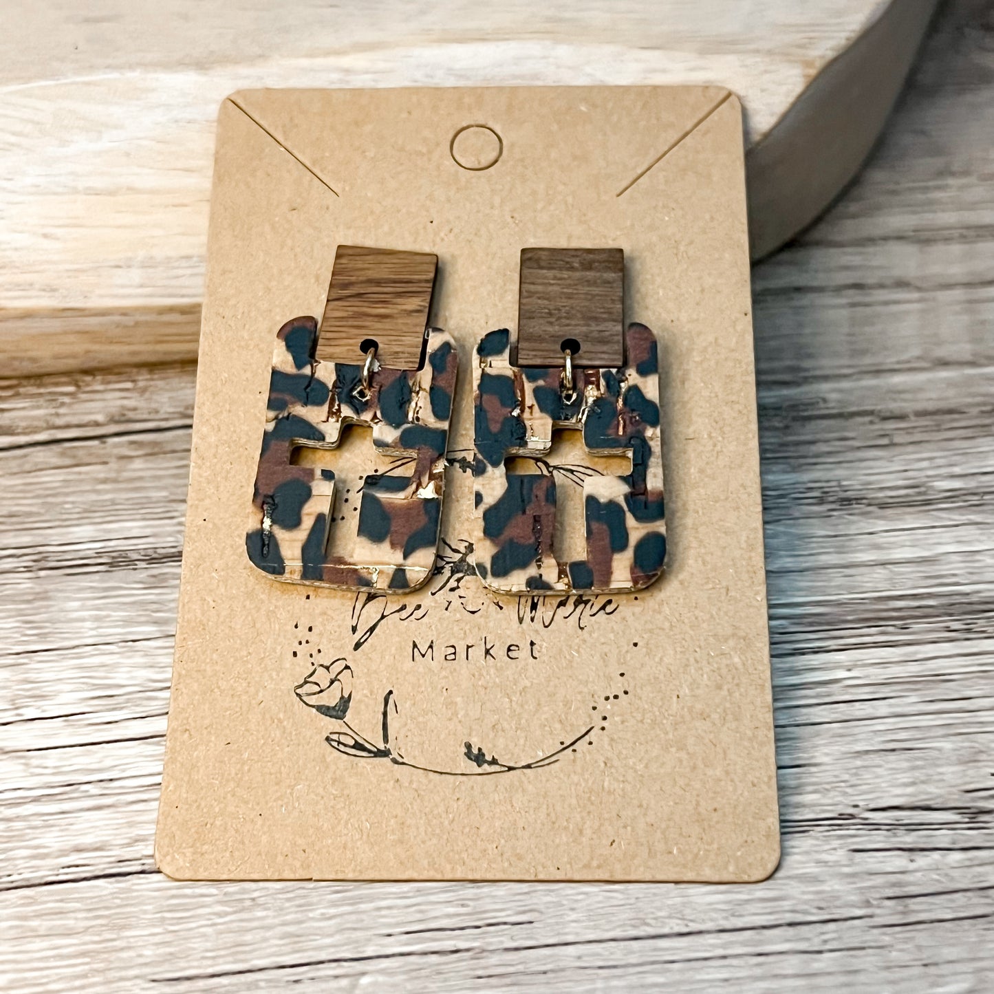 Leopard & Wood Cutout Cross Earrings