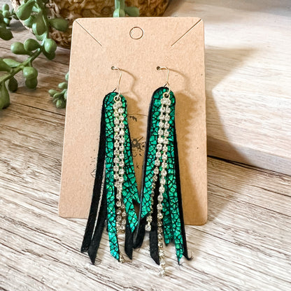 Emerald Cracked Metallic Rhinestone Fringe Earrings
