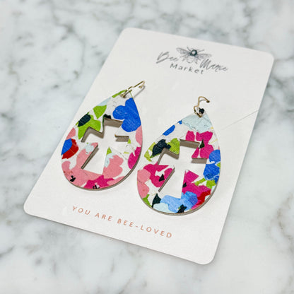 Bold Floral Cutout Cross Earrings