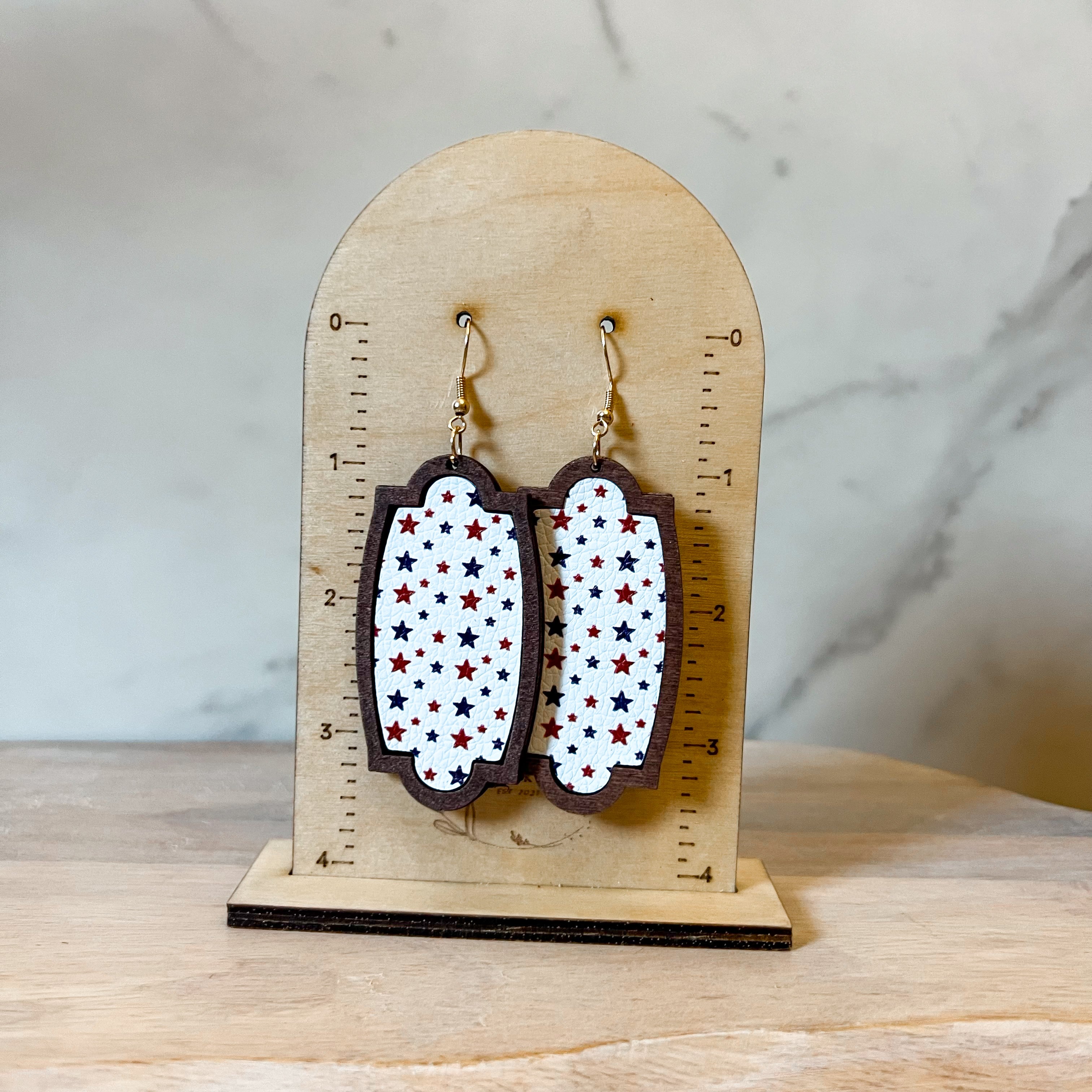 Inlaid Leather & Wood Geometric Teardrop Earrings