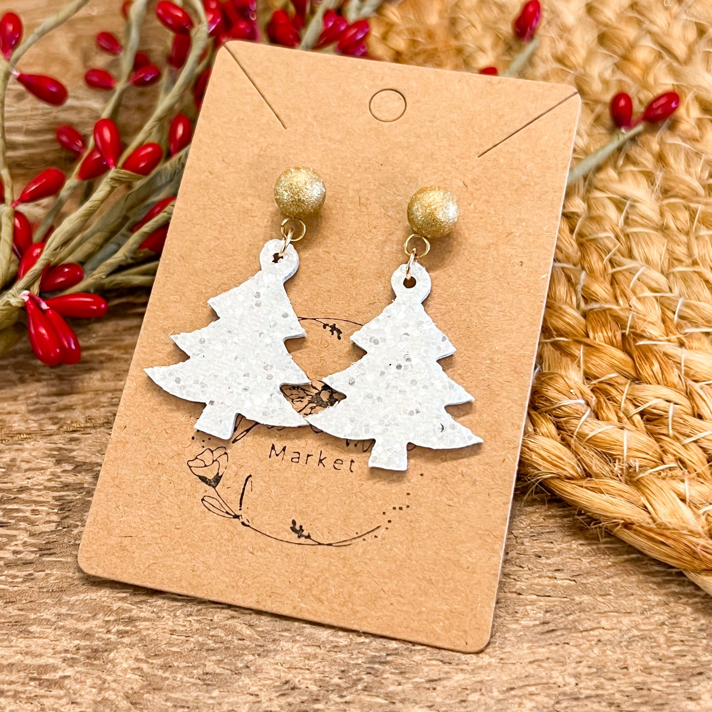 Have a Ball White Glitter Christmas Tree Earrings