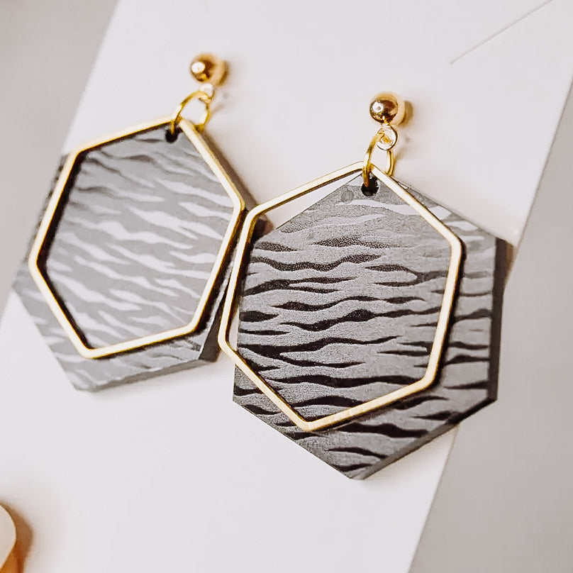 Black Tiger Stripes Hexagon Earrings