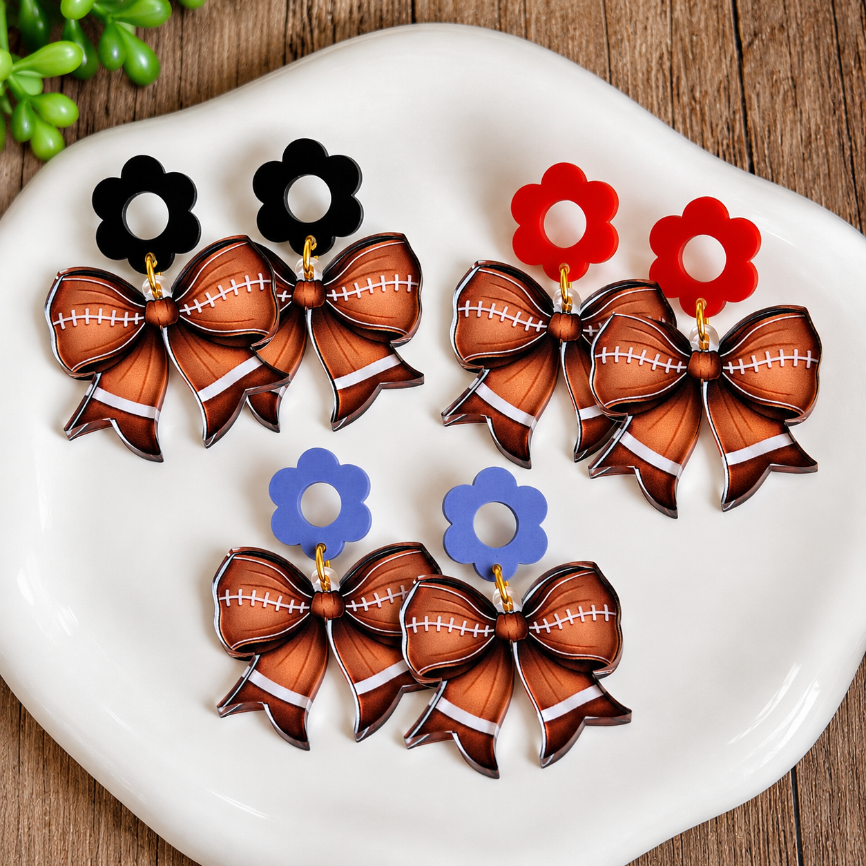 Flower Top Football Bow Earrings