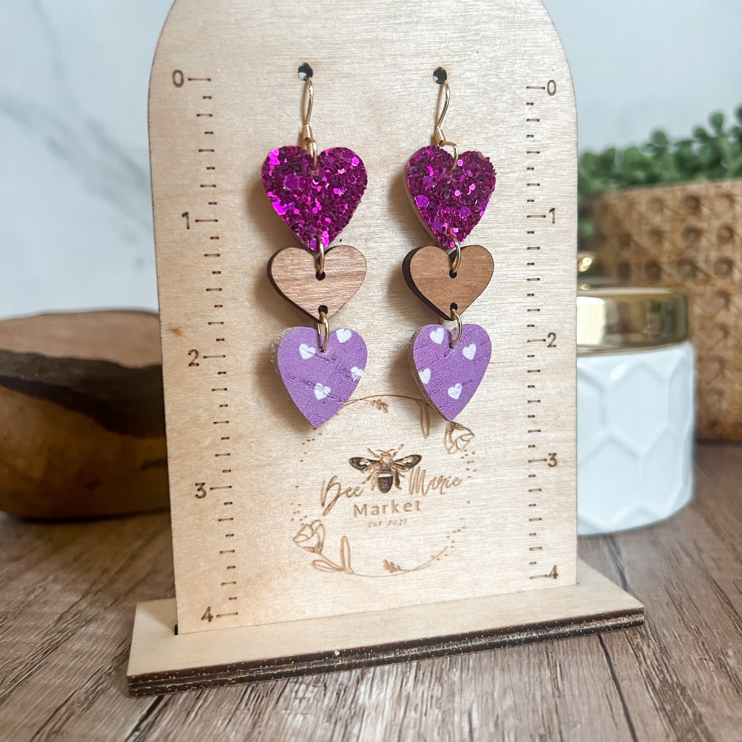 Avery Leather & Wood Heart Drop Earrings