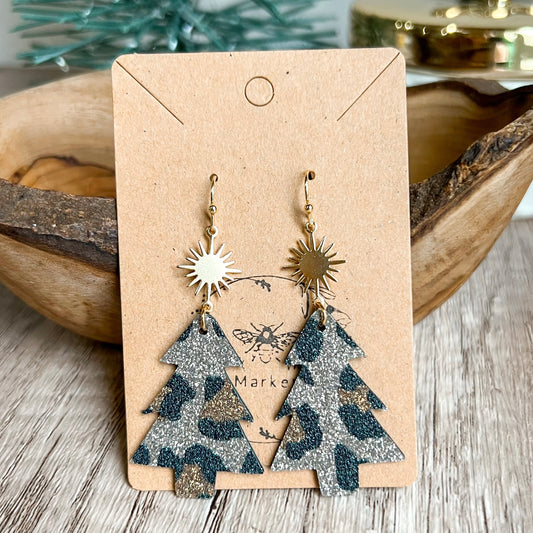 Animal Print Glitter Starburst Christmas Tree Earrings
