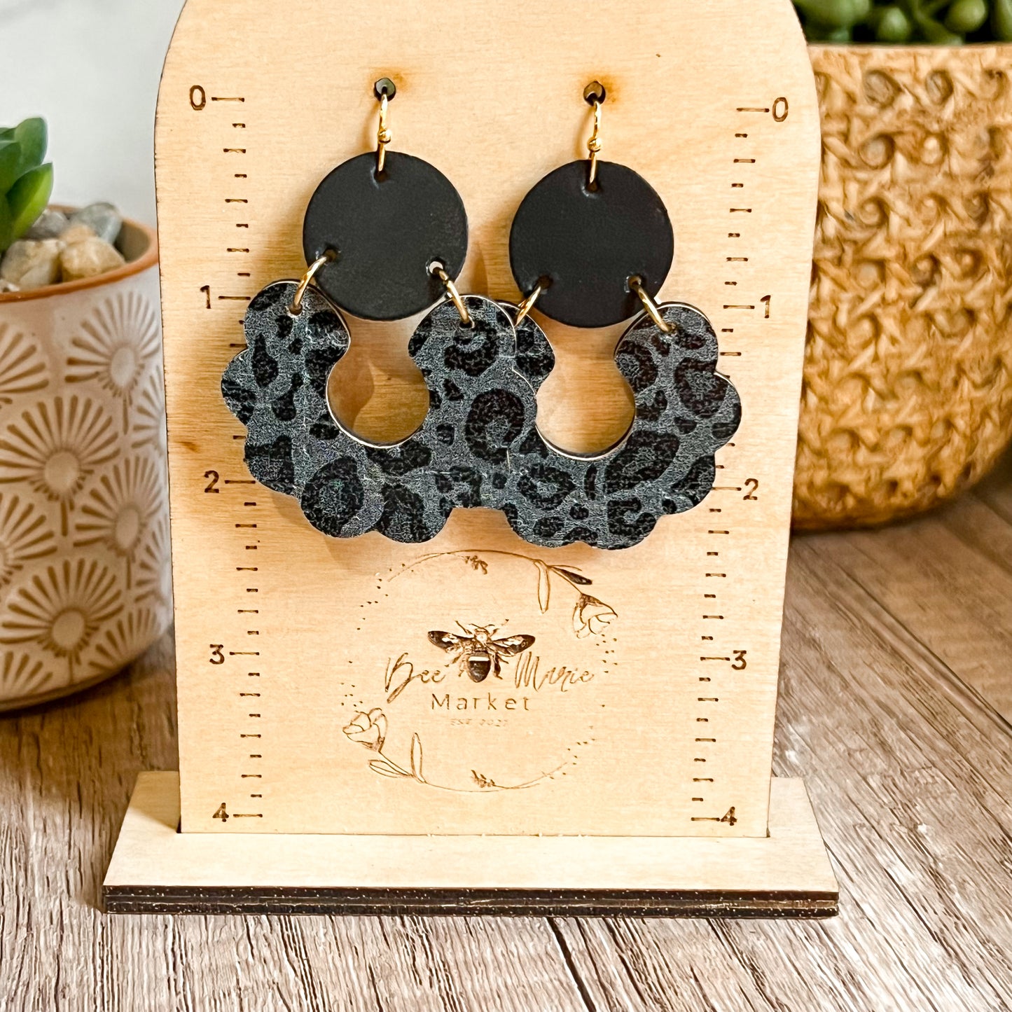 Black Animal Print Scalloped Leather Earrings