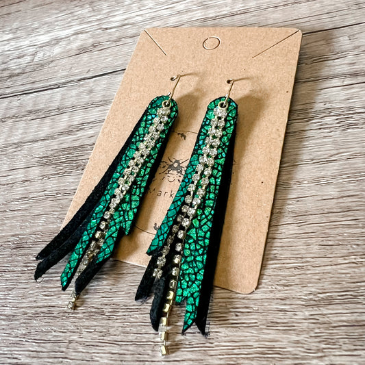 Emerald Cracked Metallic Rhinestone Fringe Earrings