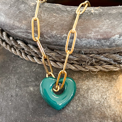 Deep Green Sweetheart Charm Paperclip Necklace
