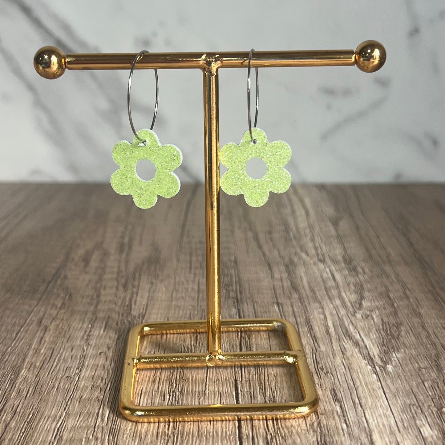 Neon Lime Glitter Flower Hoops