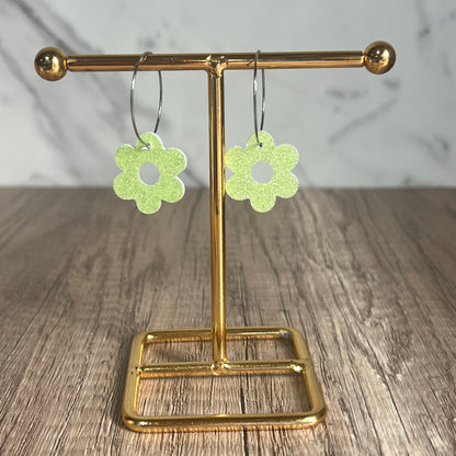 Neon Lime Glitter Flower Hoops