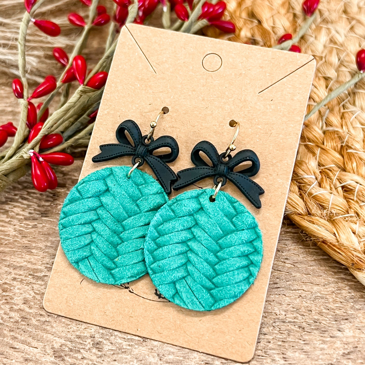 Winter Green & Black Bow Woven Earrings