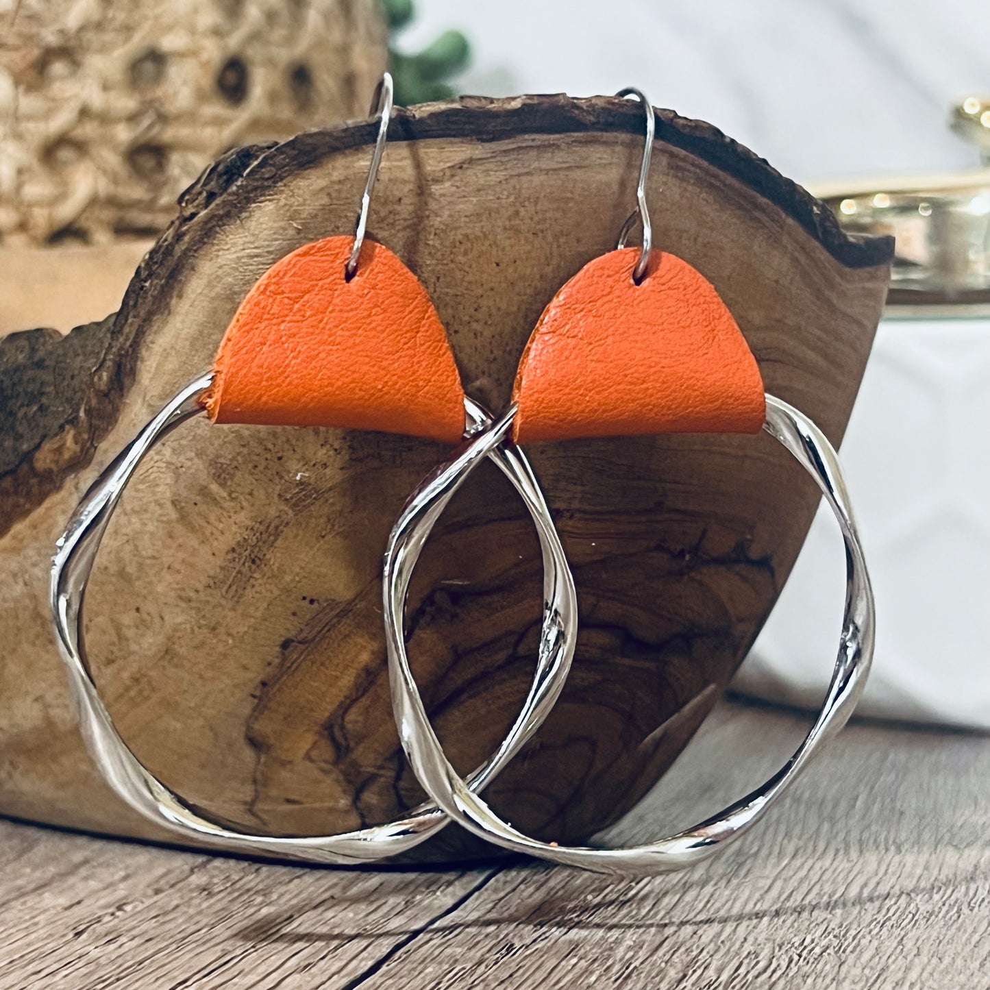 Silver Spiced Orange Twisted Hoops