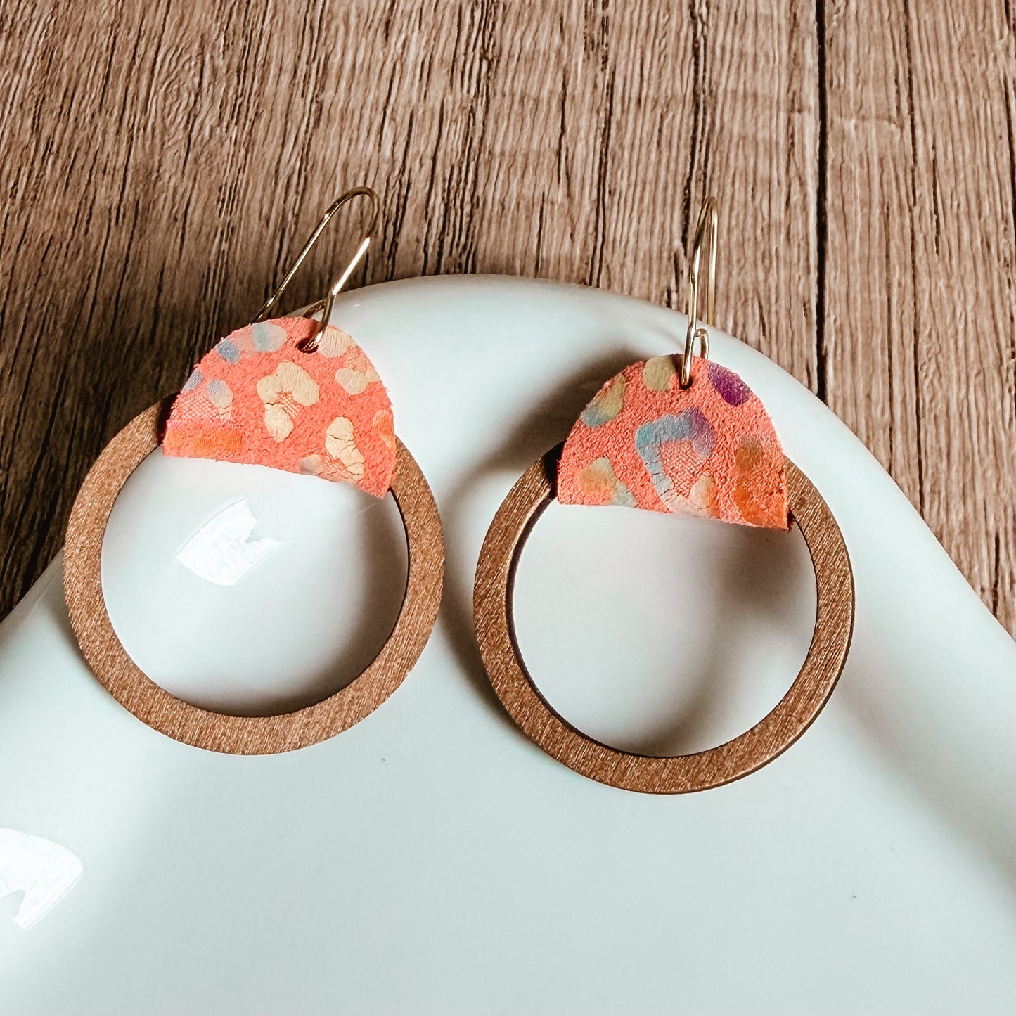 Peach Animal Print Wood Hoops