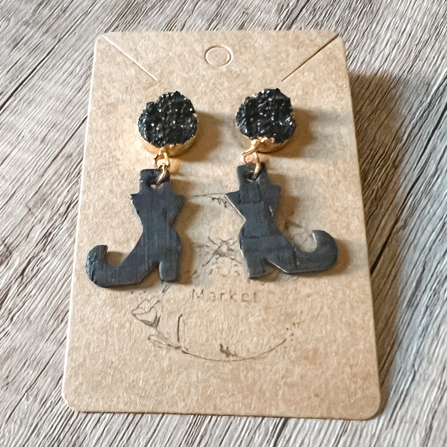 Black Druzy Witch Leather Boot Earrings