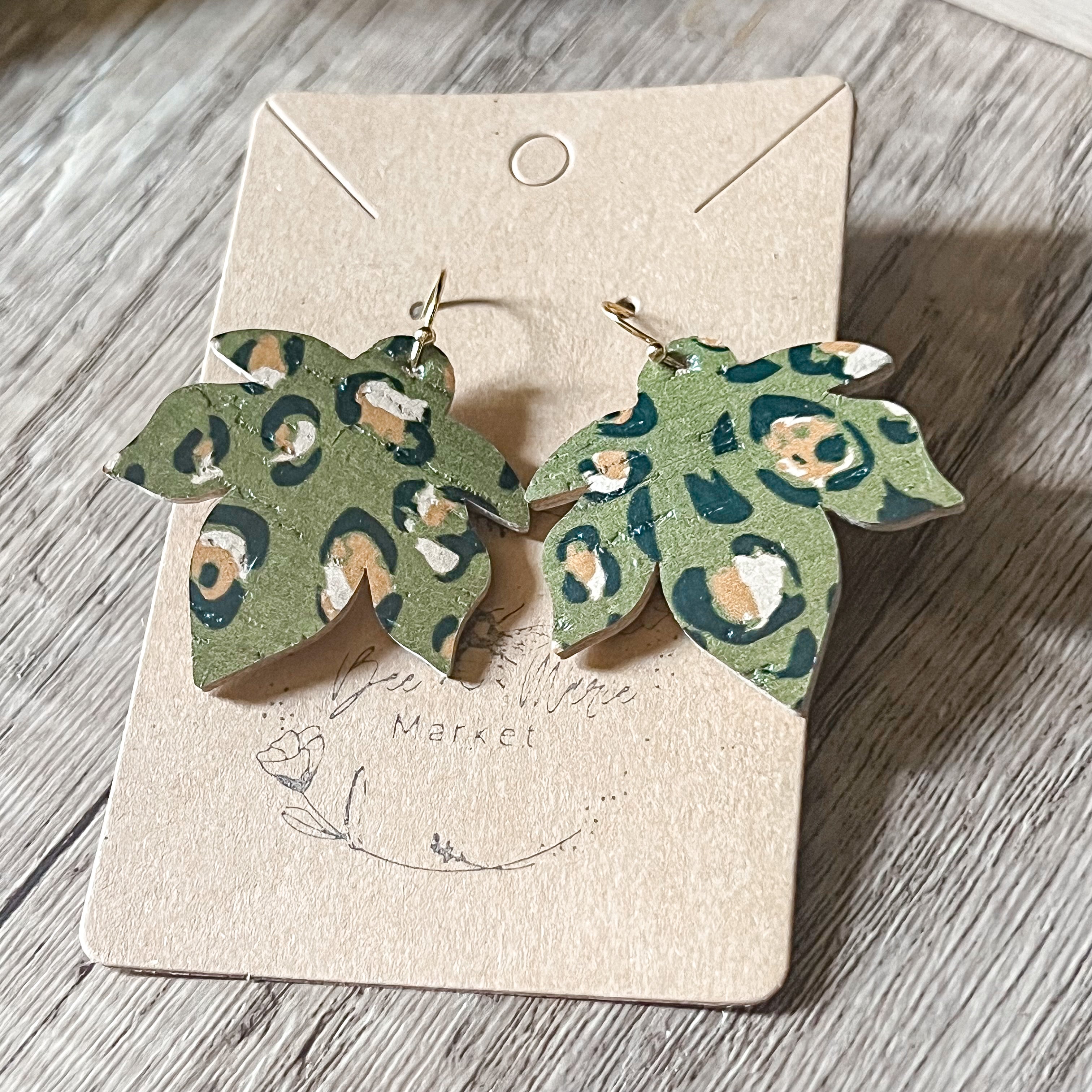 Olive Leopard Spot Leaf Earrings 10DT