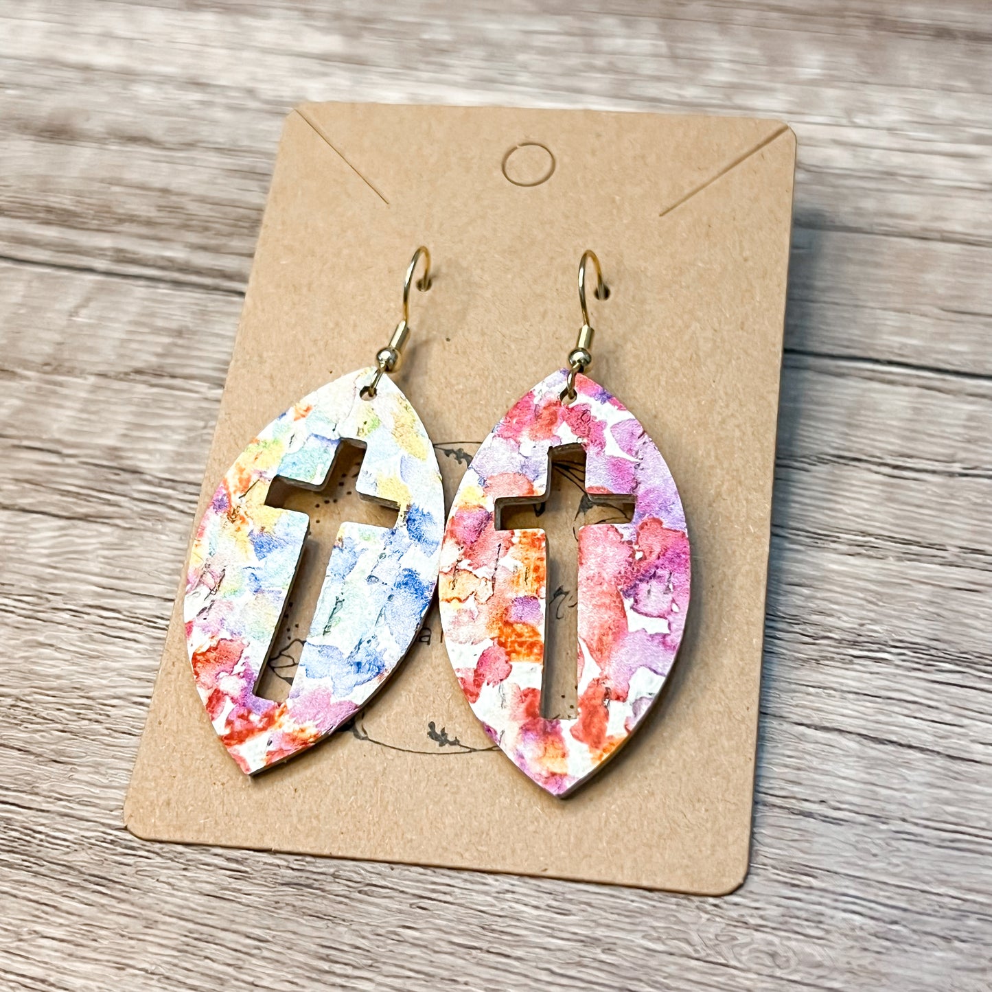 Watercolor Floral Cutout Cross Leather Earrings