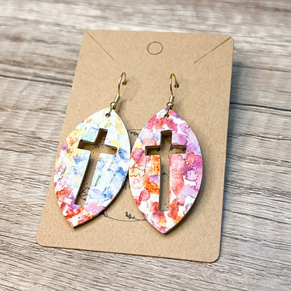Watercolor Floral Cutout Cross Leather Earrings