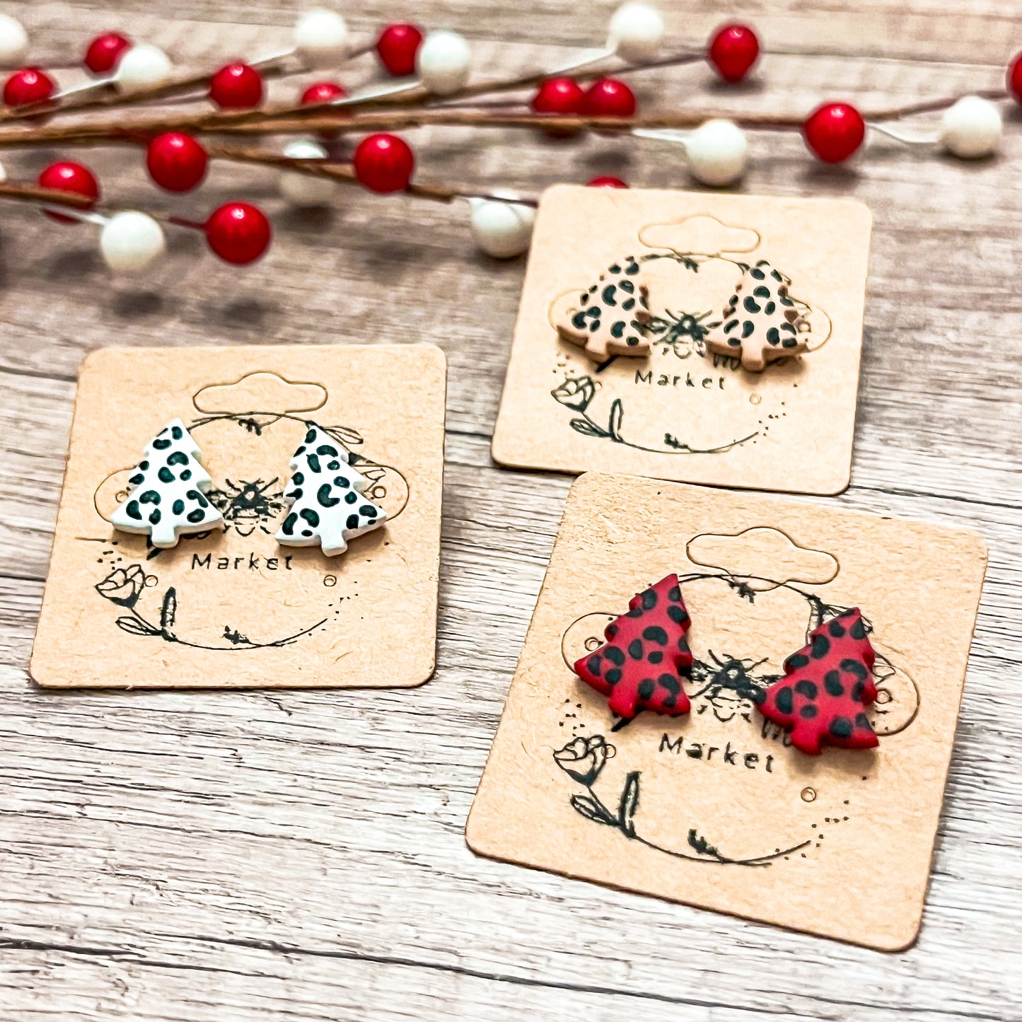 Handmade Animal Print Christmas Tree Stud Earrings
