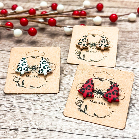 Handmade Animal Print Christmas Tree Stud Earrings