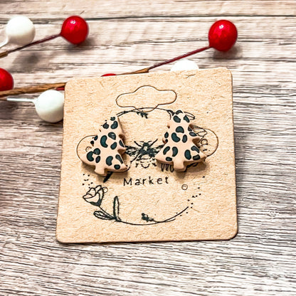 Handmade Animal Print Christmas Tree Stud Earrings