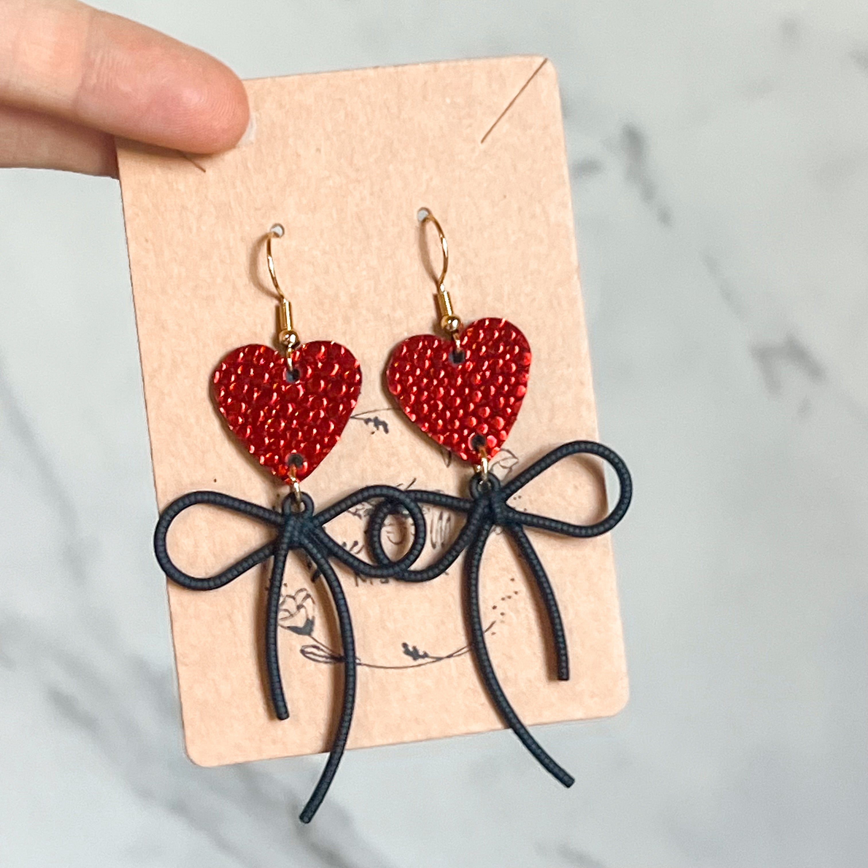 Ruby Red Pebbled Heart & Bow Earrings