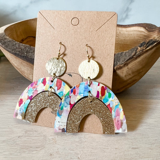Double Rainbow Confetti & Gold Glitter Earrings