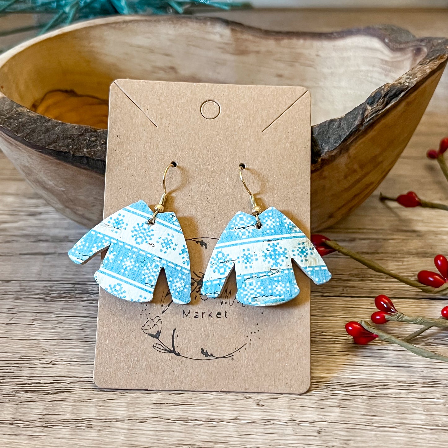 Blue Snowflake Sweater Leather Earrings