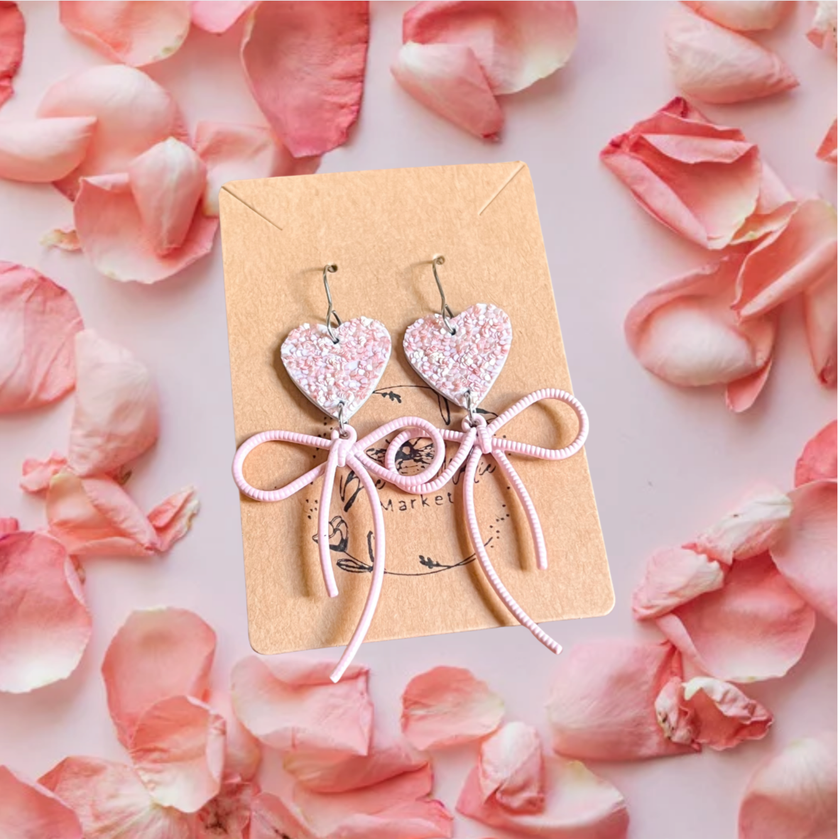 Jasamine Pink Glitter Heart & Bow Earrings