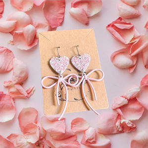 Jasamine Pink Glitter Heart & Bow Earrings