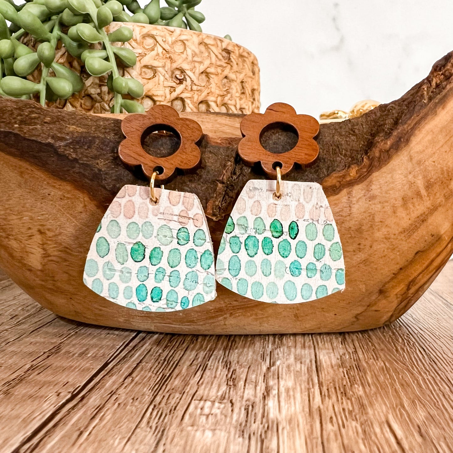 Mint Doodle Dot Wood Flower Earrings
