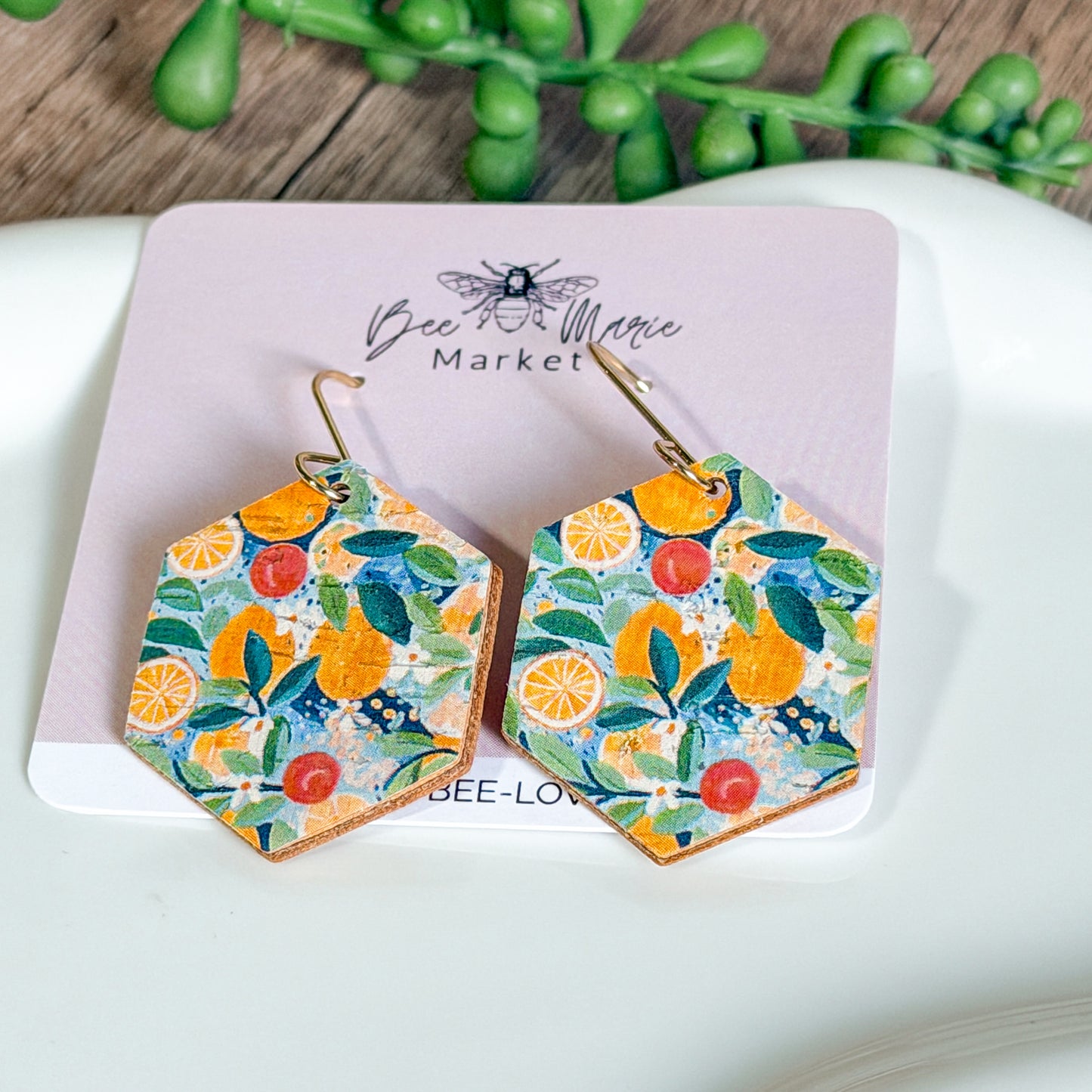 Citrus Grove Hexagon Leather Earrings