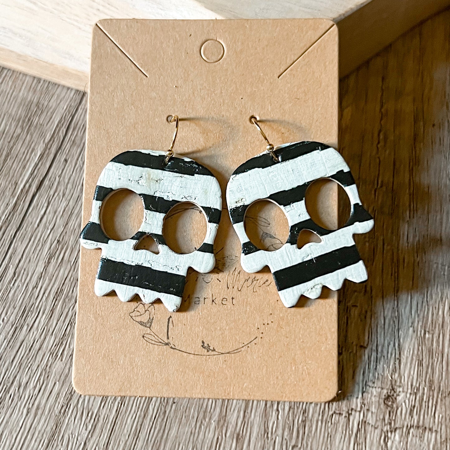 Black & White Stripe Skull Earrings