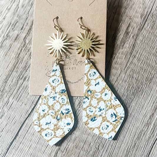 Mustard Poppy Floral Pointed Teardrop Leather Starburst Earrings