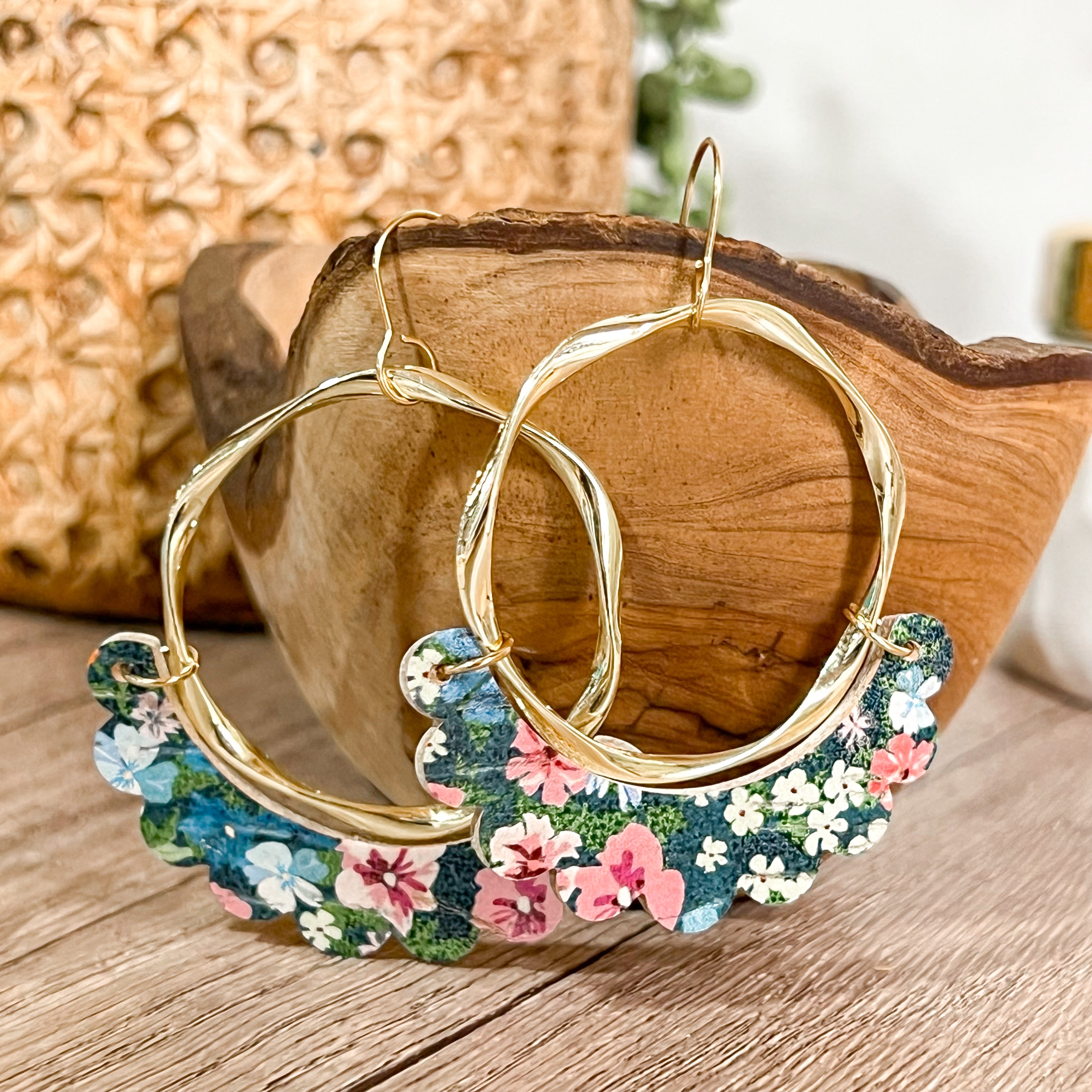 Floral Genuine Leather Ruffle Hoop Earrings