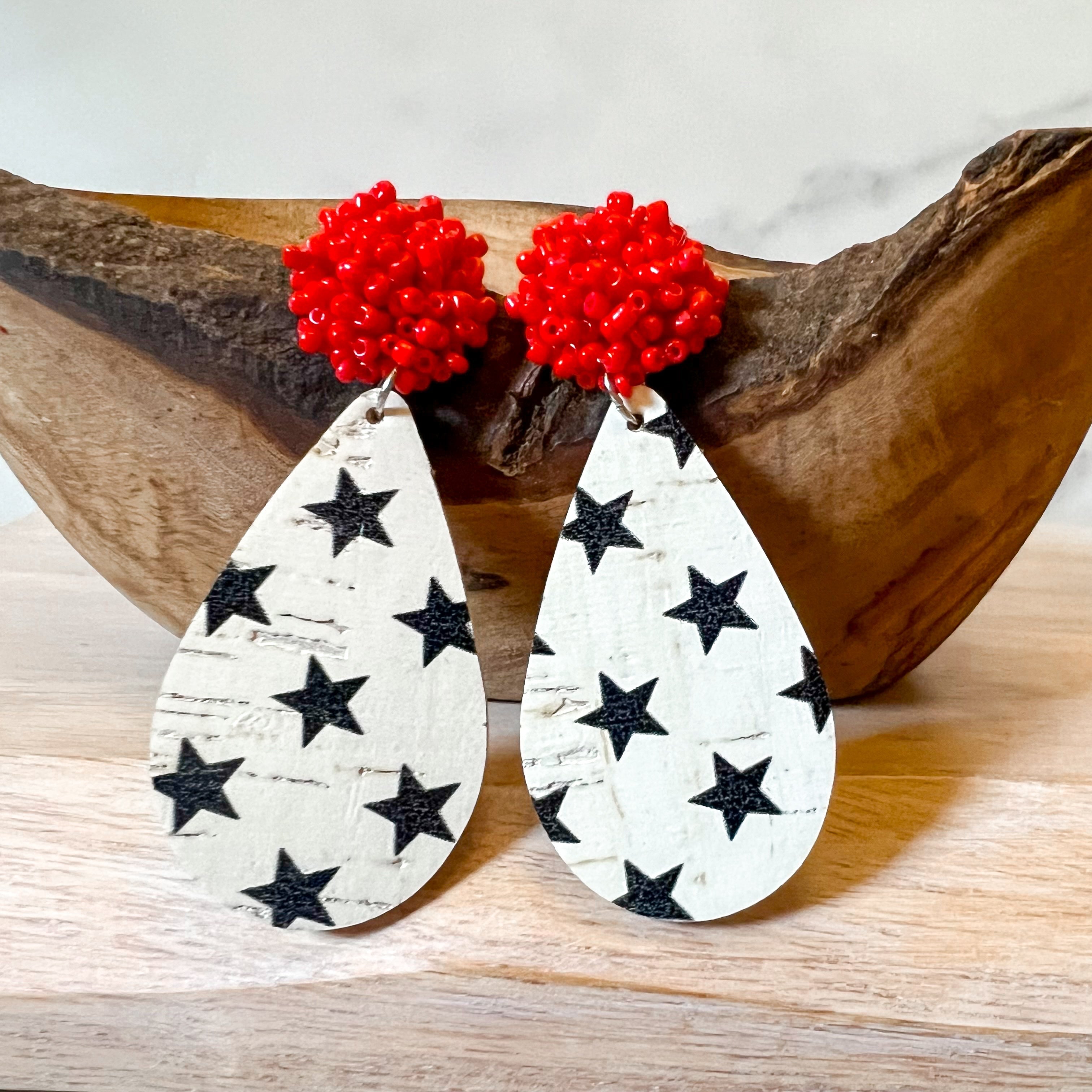 Red Beaded Pom Pom Star Teardrop Earrings