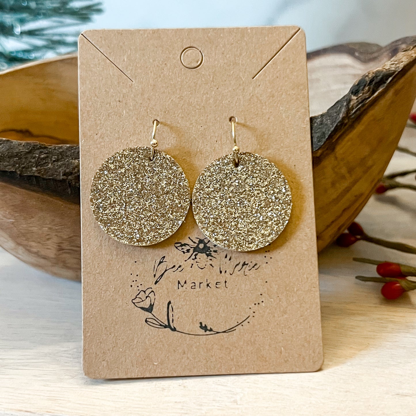 Gold Glitter Genuine Leather Round Earrings