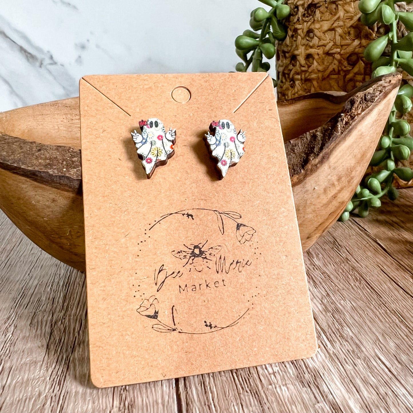 Peace Sign Flower Ghost Wood Stud Earrings