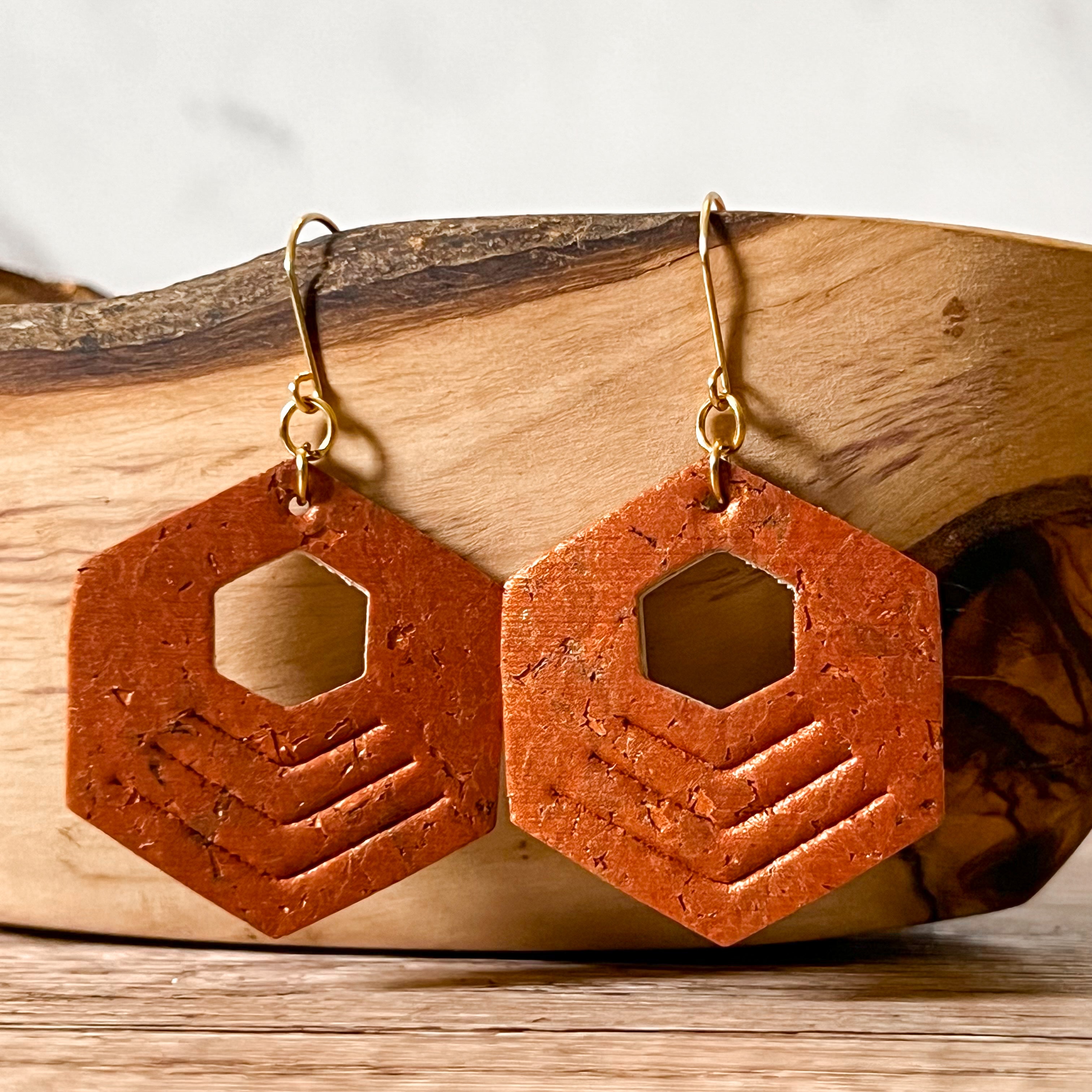 Pearlized Rust Hexy Dangle Embossed Earrings