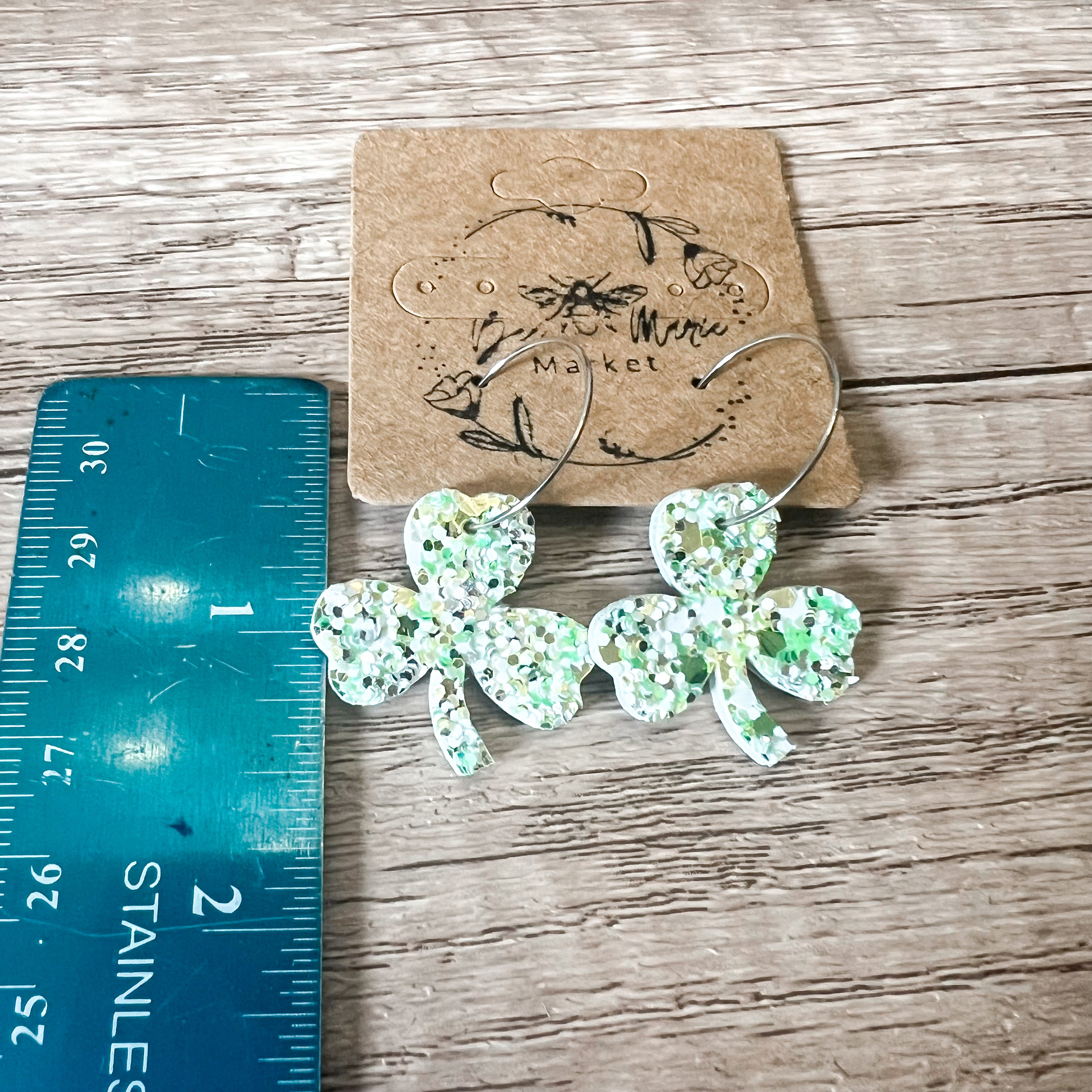 Light Green Glitter Shamrock Hoop Earrings