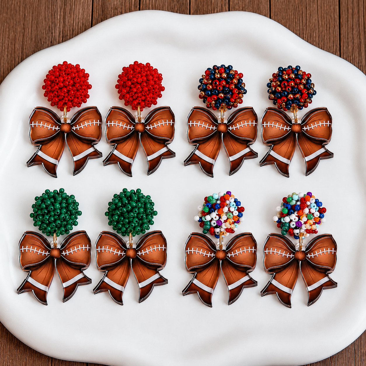 Beaded Football Bow Statement Earrings