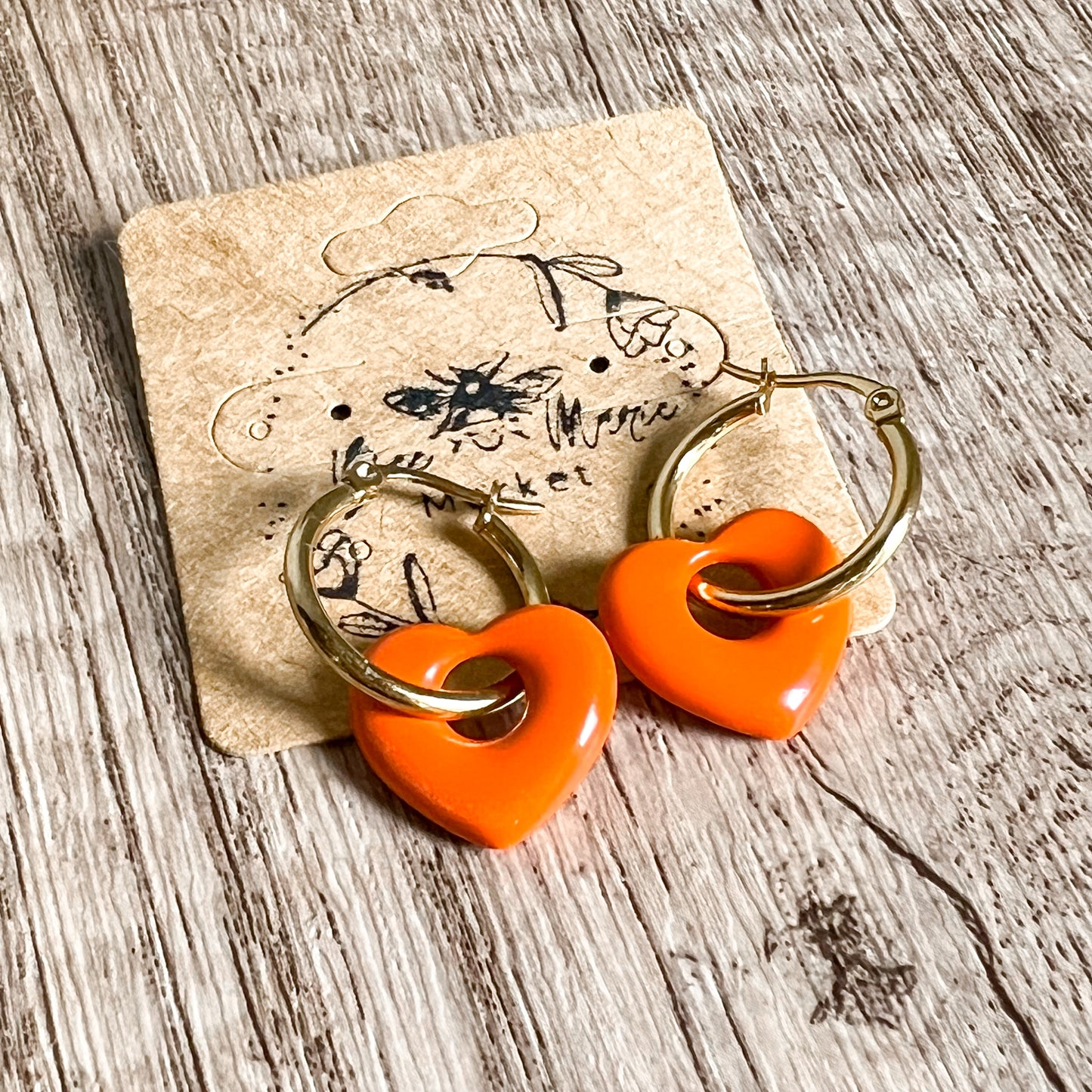 Golden Hoops with Orange Hearts