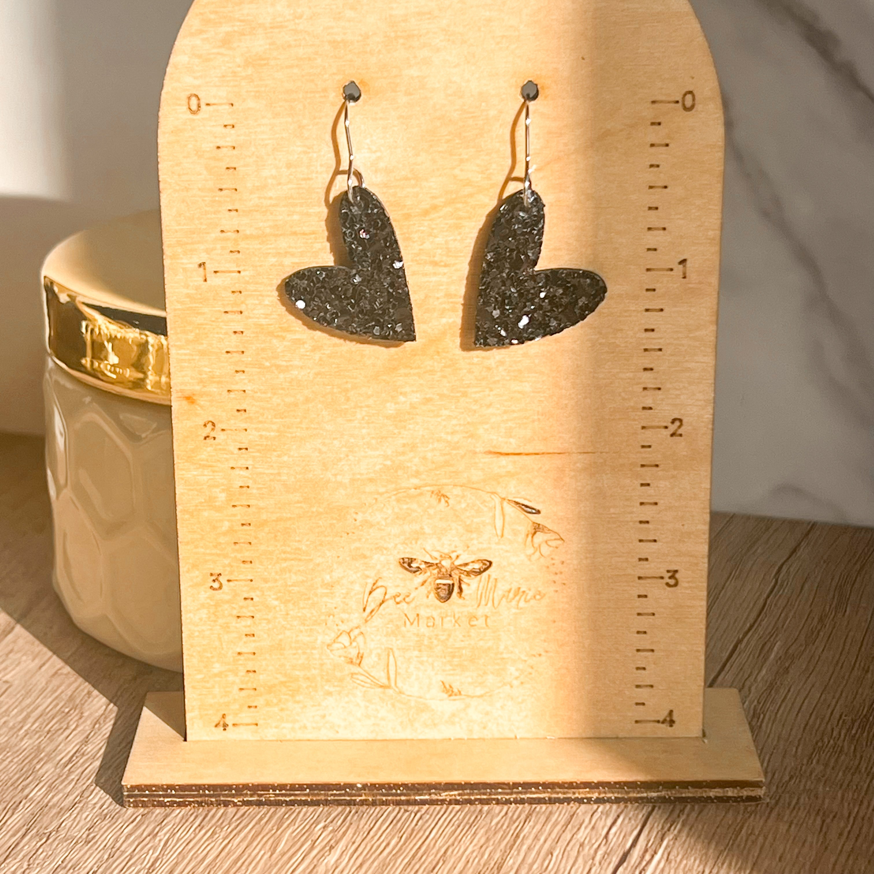 Holly Black Glitter Heart Earrings