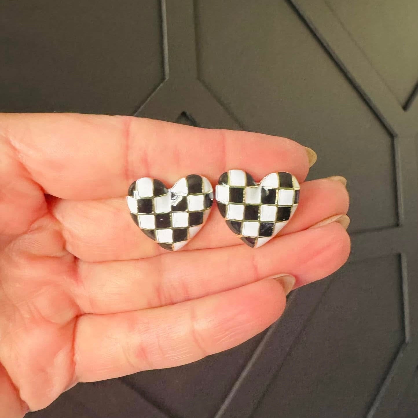 Black & White Checkered Heart Earrings