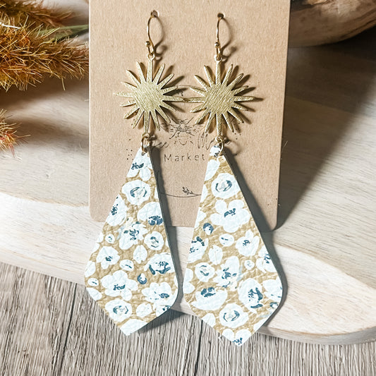Mustard Poppy Floral Pointed Teardrop Leather Starburst Earrings