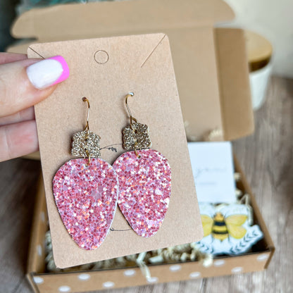 Pink Glitter Genuine Christmas Ornament Earrings
